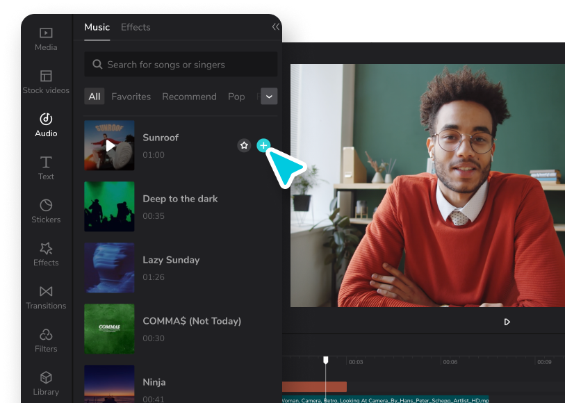 Add music to the commercial video. You can also edit text, filters, effects, and more features