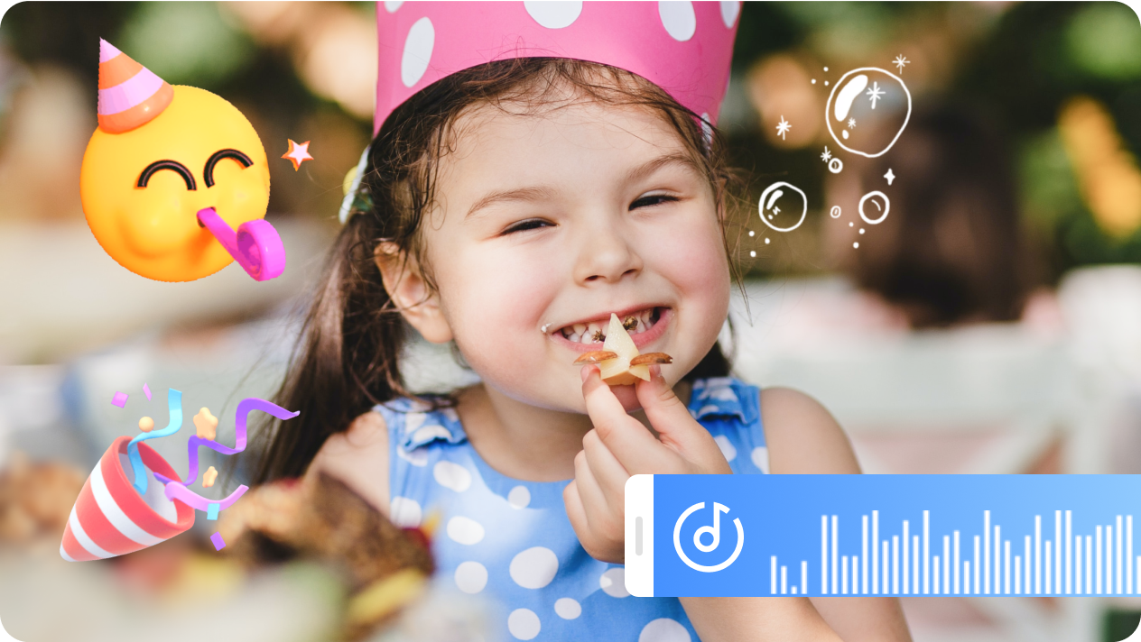 Add funny stickers, emojis, and music to your Children's Day video